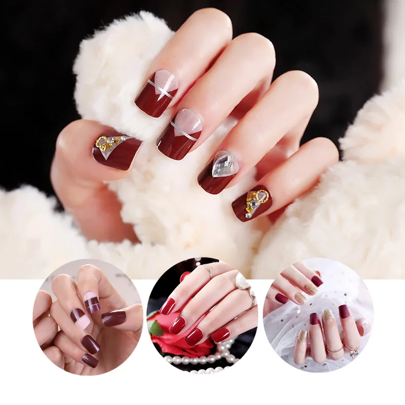 

24Pc Luxury Shiny Diamond Bride Nail Art Pre-design Bowknot Grid Floral False Nails with Glue Sticker Short Full Cover Fake Nail