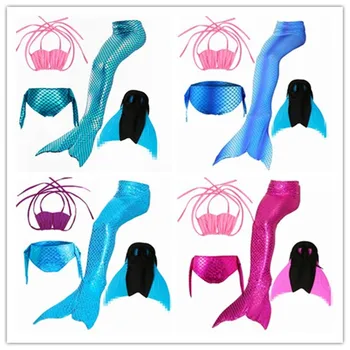 

New 4pcs/set zeemeerminstaart met monofin Costume Ariel Children Swimming Mermaid Tail Fins Girls Kid Swimsuit Swimmable Costume