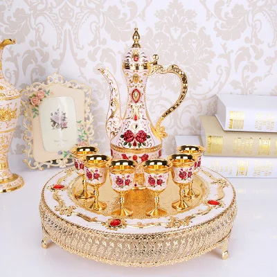 Russian wine set with European style antique ceramic glass, white pot and metal wine glass gift set furnishings Home Decoration Russian wine set with European style antique ceramic glass, white pot and metal wine glass gift set furnishings Home Decoration