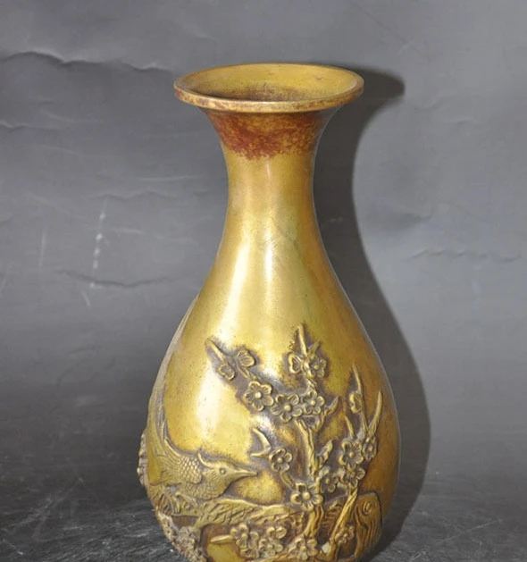 

8"marked china bronze phoenix bird Plum flower statue Zun Bottle Pot Vase Jar