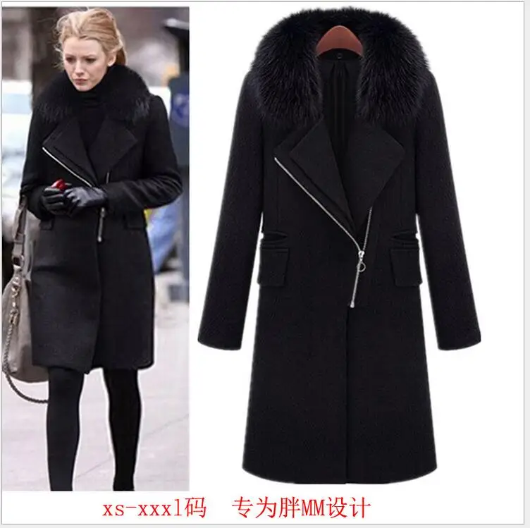 

2018 Autumn And Winter New Zipper Long Wool Coat High Imitation Fox Fur Collar Casual Jacket Women's Coat Jaqueta Feminina HJ49