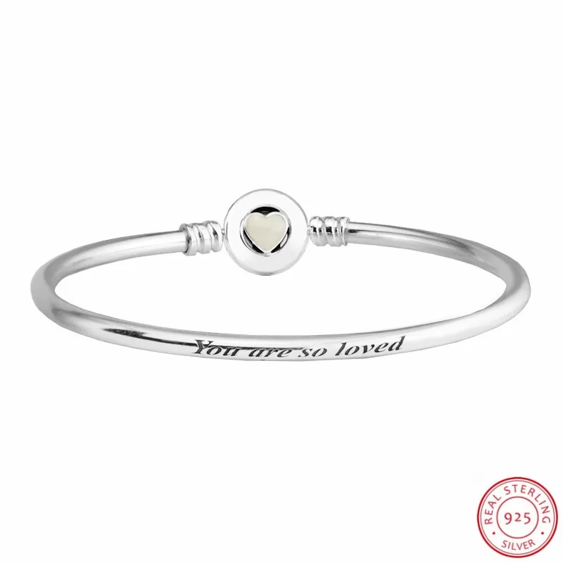 

925 Sterling Silver Bangle for Women Feature 'You Are So Loved' Engraved & Pearlescent Enamel MOMENTS Loving Heart Clasp FLB044