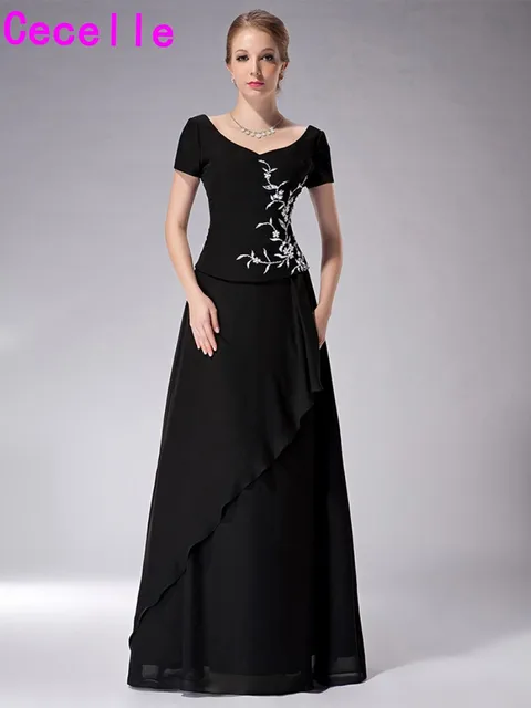 Modest Black A Line Long Chiffon Dresses For Mother Of Bride With Modest Black A Line Long Chiffon Dresses For Mother Of Bride With Short Sleeves Floor