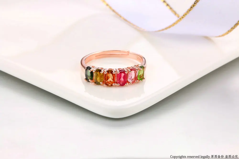 MoBuy MBRI005 цветные кольца с натуральным драгоценным камнем, турмалин, изменяемые размеры, 925 пробы, серебро, розовое золото, хорошее ювелирное изделие для женщин