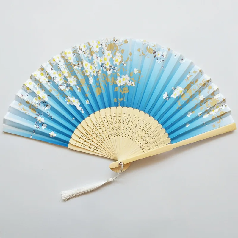 100PCS Vintage Chinese Spun Silk Flower Printing Hand Fan Folding Hollow Carved Hand Fan Event& Party Supplies