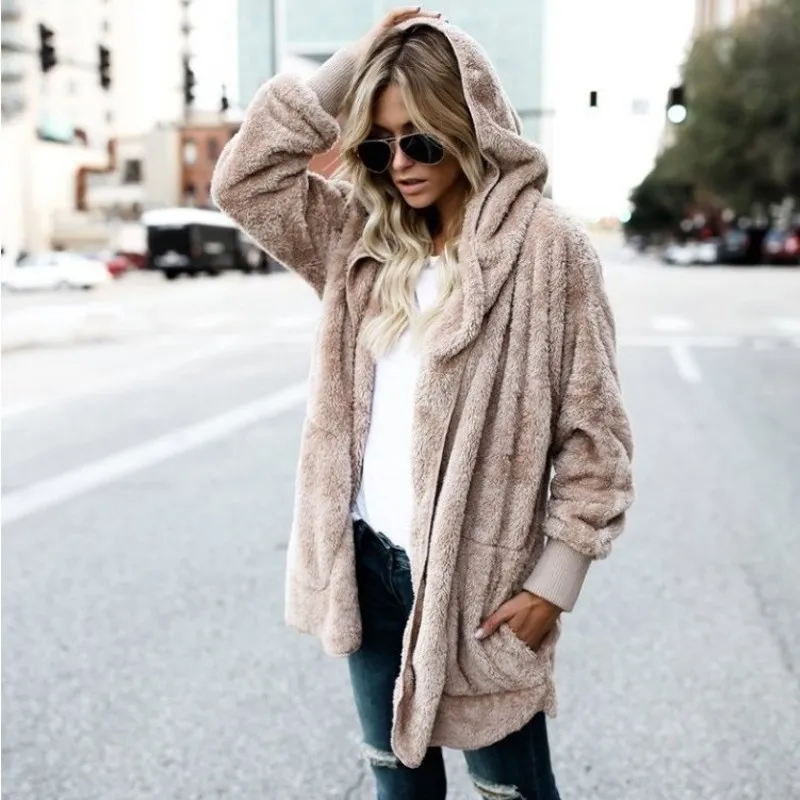 

Winter Autumn Women Jacket Fluffy Oversized Cardigan Loose Long Warm Outwears Pockets Chic Streetwear Coat