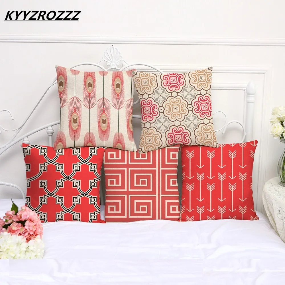 KYYZROZZZ красный декоративный чехол для подушки с геометрическим рисунком, льняная наволочка для дивана, автомобиля, хлопковая наволочка, креативное украшение 45X45 см