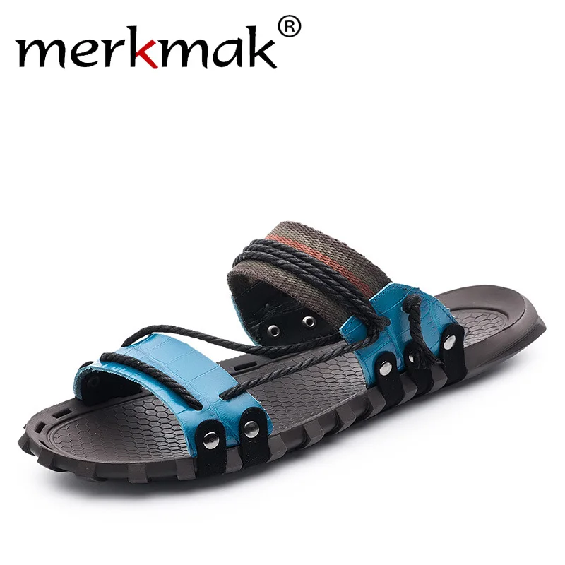

Merkmak 2018 New Arrival Men Summer Slippers Genuine Leather Beach Holiday Shoes Flat Slipper for Men Casual Daily Shoes