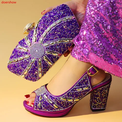 Doershow/оранжевая обувь с сумочкой в комплекте для свадьбы; женские вечерние туфли и сумочка в комплекте; комплект из обуви и сумки в нигерийском стиле! HXN1-11 - Цвет: Фиолетовый