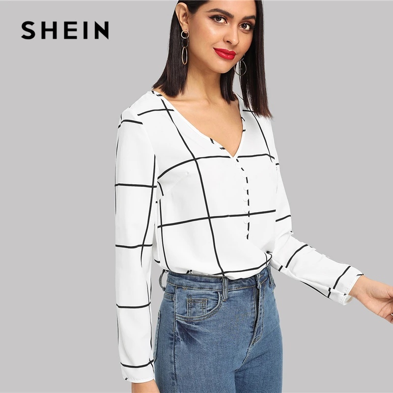 SHEIN Black And White Office Lady Elegant Button Front V-Neck Long Sleeve Plaid Blouse Autumn Workwear Women Tops And Blouses