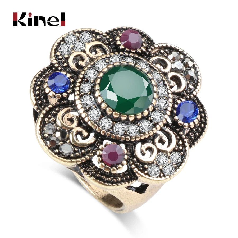 Kinel Винтаж цветок из зеленого горного хрусталя кольцо античное золото цвет турецкий Металл смолы кольца для женщин вечерние ювелирные изделия Anel Anillo