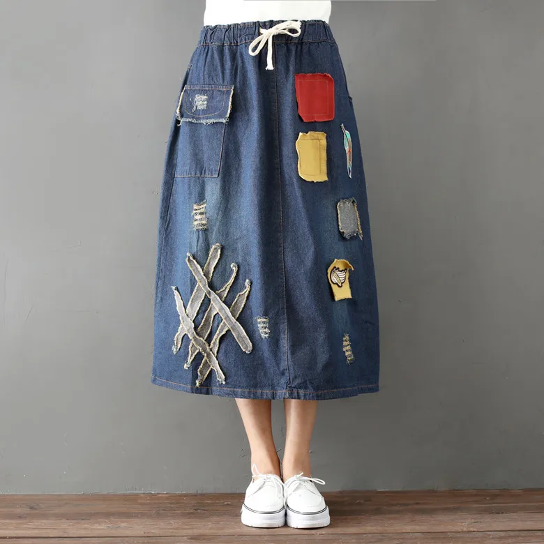 

Women Preppy Long Denim Skirt 2018 Spring New Mori Girl High Waist Casual Vintage Patch Hole A-line Denim Skirt Femme Saias
