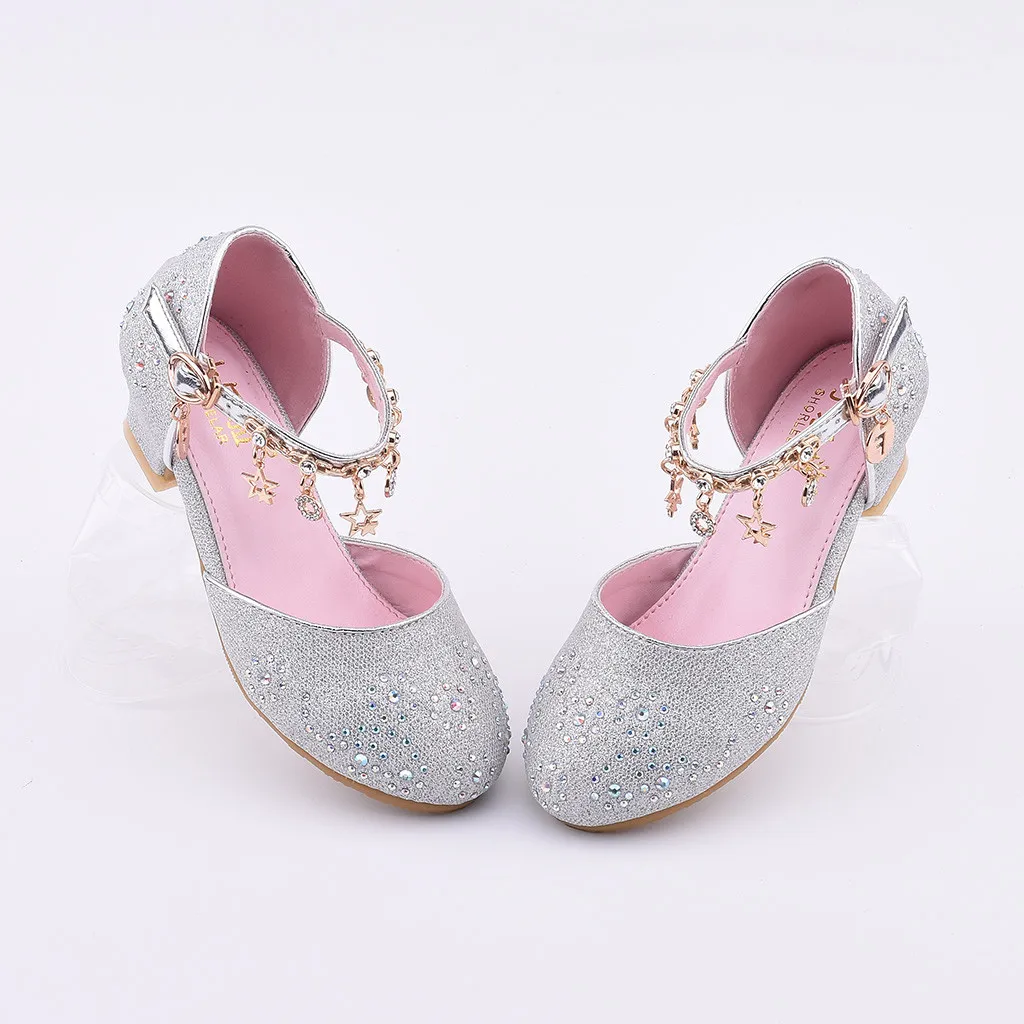 Обувь принцессы для маленьких девочек с блестящими стразами; босоножки на квадратном каблуке; детская обувь; обувь принцессы для девочек