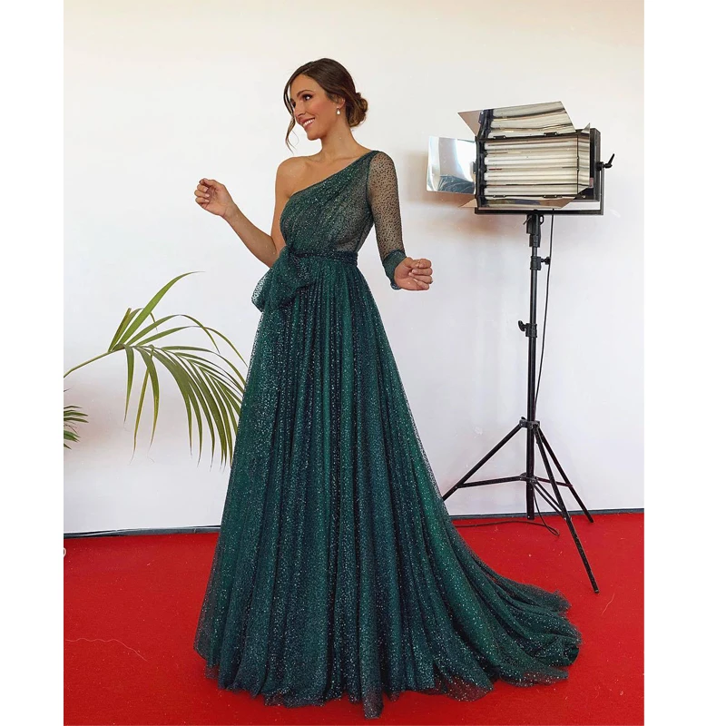

Fashion Summer Dress Women's One Shoulder One Sleeve Mopping Halter Shiny Dress Sexy Tulle Elegant Dress Dark Green Dinner Dress