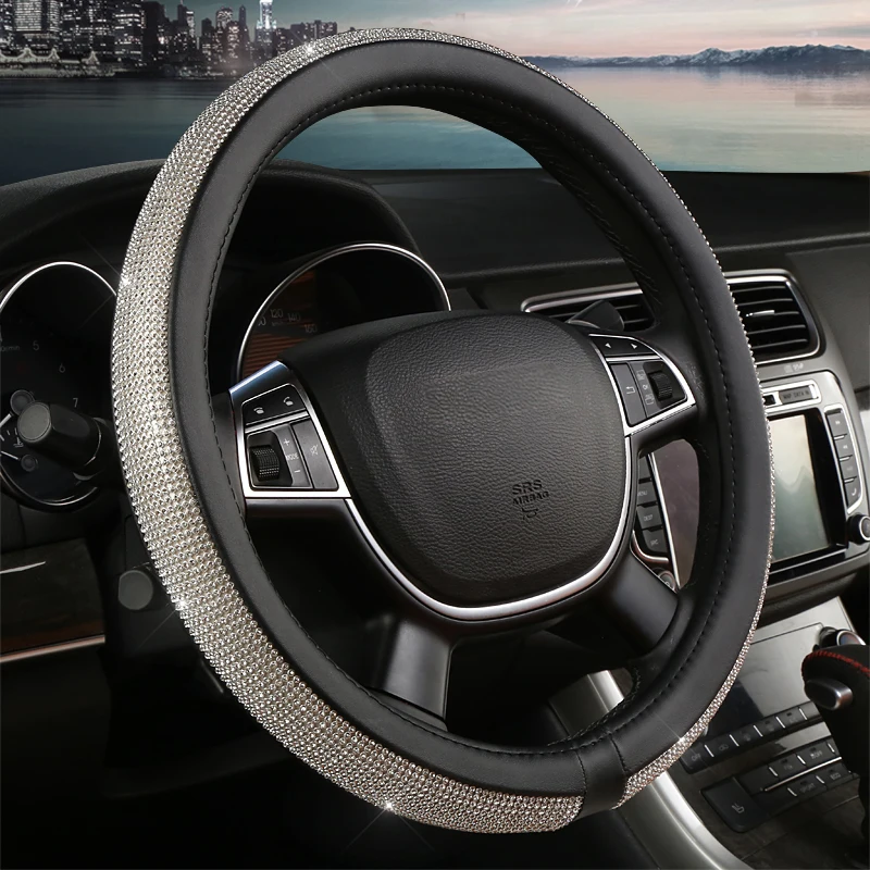 

Bing Bling Shiny Car Steering Wheel Cover PU Leather Crystal Rhinestone Steering-Wheel Covers for Women Girls Auto accessories