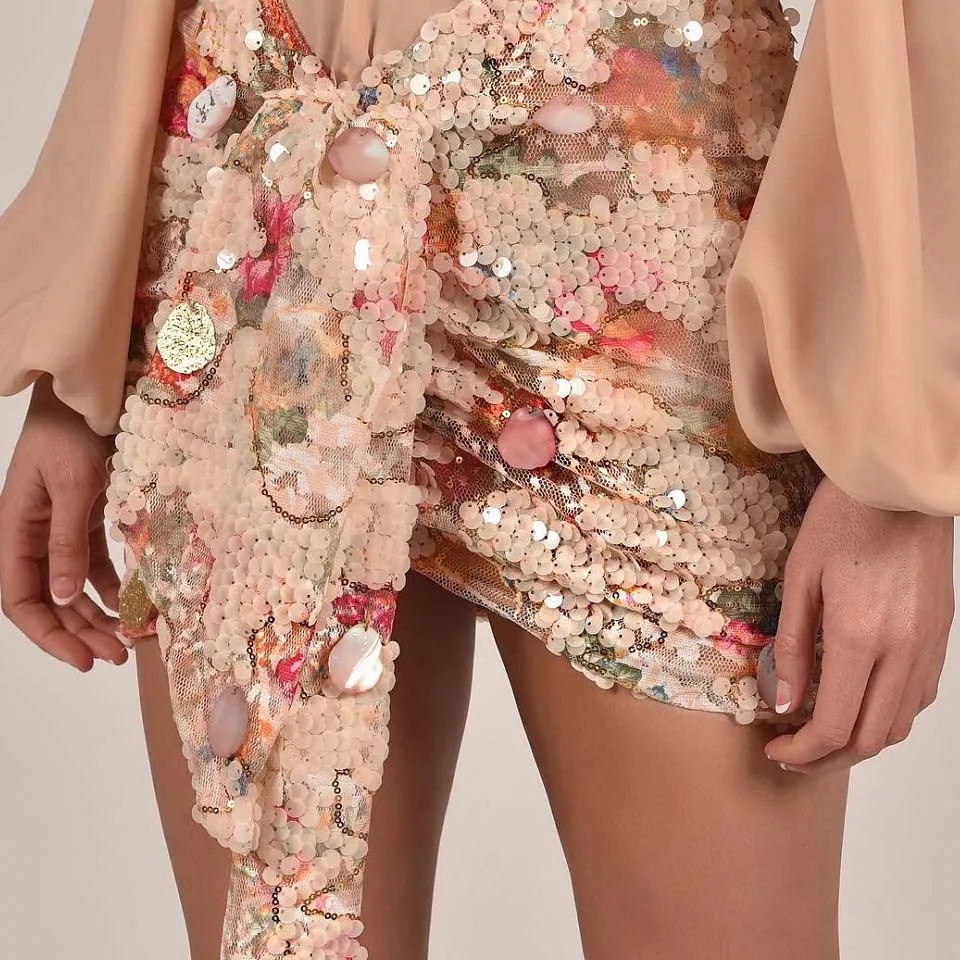 Karlofea элегантные цветочные юбки с пайетками женские шикарные Асимметричные драпированные мини-юбки с запахом спереди пикантные Клубные вечерние костюмы юбки - Цвет: Floral Skirt