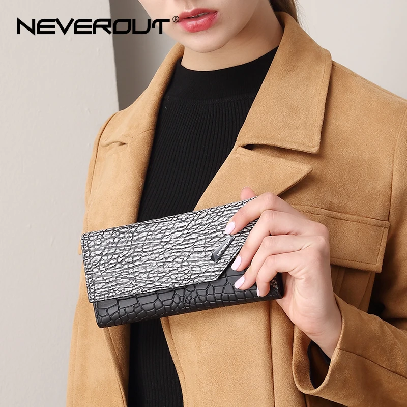 NEVEROUT Ladies Money Bag Split Leather Wallets High Quality Black Wallet Women Famous Brand Card Holders Cellphone Pocket