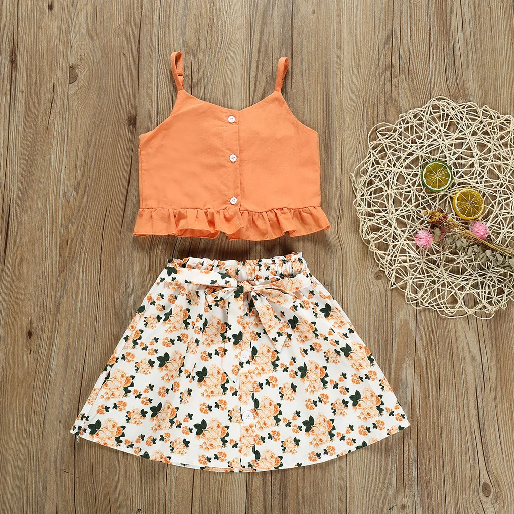 

2019 Toddler Baby Child Girl Clothes Sets Summer Sleeveless Kids Crop Tops+Floral Skirts For Girls Clothing Set 1 2 3 4 Years