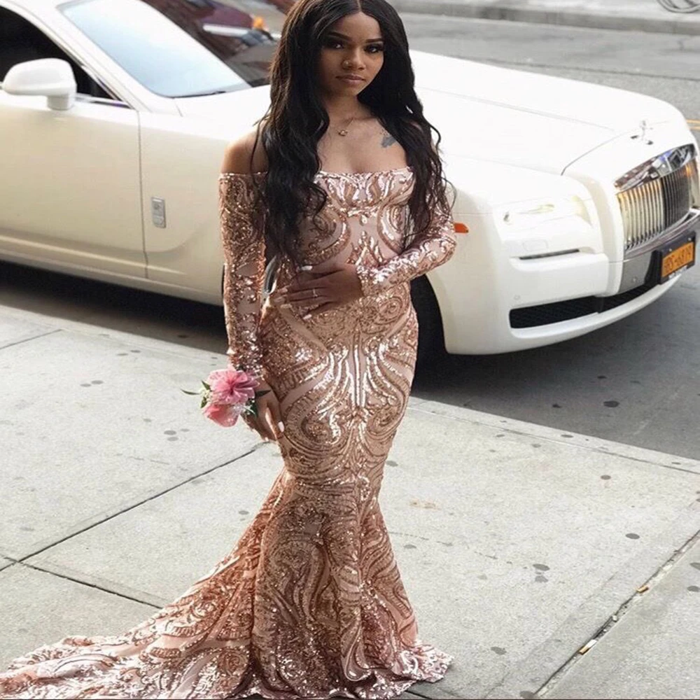 

2019 Rose Gold Prom Dresses Off The Shoulder Long Sleeves Sequin Lace Sweep Train Long Evening Graduation Dress DP0504
