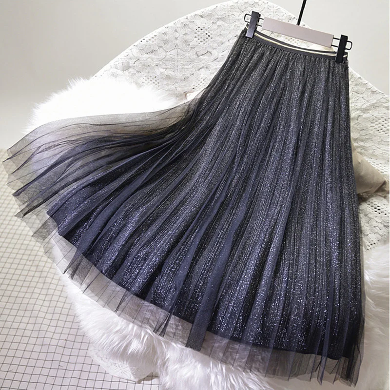 Aonibeier, эластичные женские сетчатые юбки с высокой талией, весна-лето, модная блестящая плиссированная юбка, Женская юбка миди - Цвет: Silver