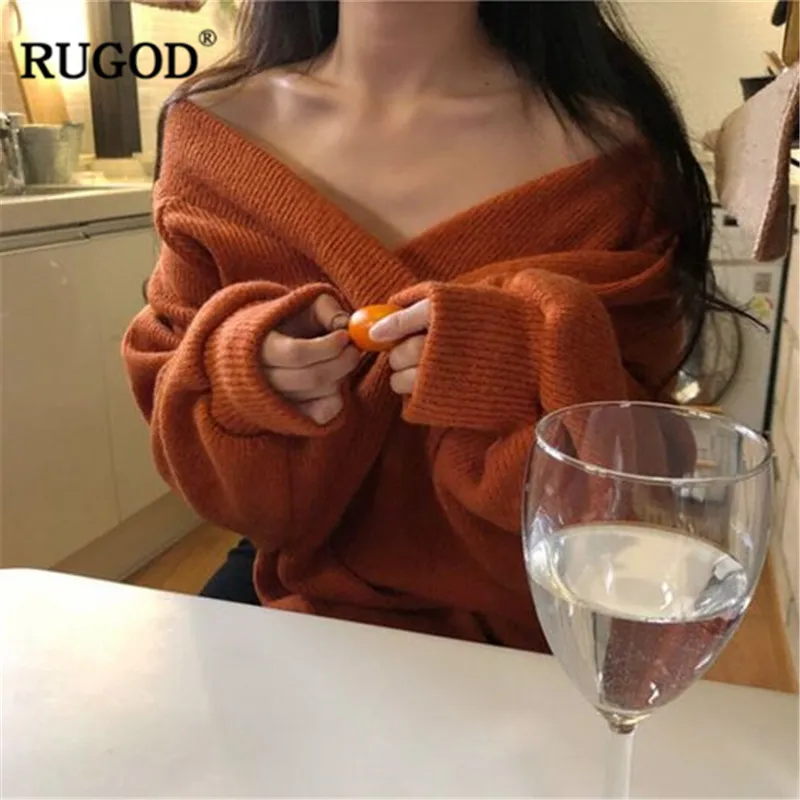 

RUGOD Vintage Fashion Women Sweaters Plus Size V-Neck Criss-Cross Casual Women Pullovers Knitted Winter Clothes pull femme hiver