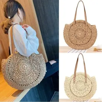 

Fashion Women Flower Straw Woven Solid Color Summer Beach Tote Shoulder Hand Bag