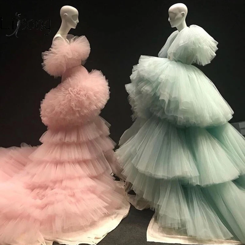 

New Trendy Mint Green Tiered Ruched Long Evening Dresses Ruffles Peach Pink Puffy Tutu Prom Gowns Abendkleider 2019