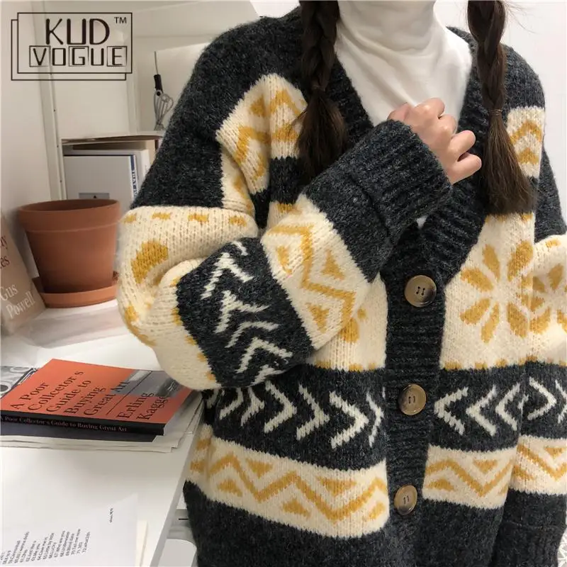 

Woman Cardigan Oversize Autumn Winter Sweater Korean Fashion Clothing Casual Warm Loose V-neck Knit Jacket Harajuku Outside Coat