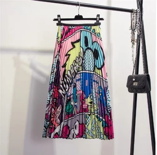 

Fun print a-line skirt with elastic waist and pleats in 2019 cartoon animal pattern
