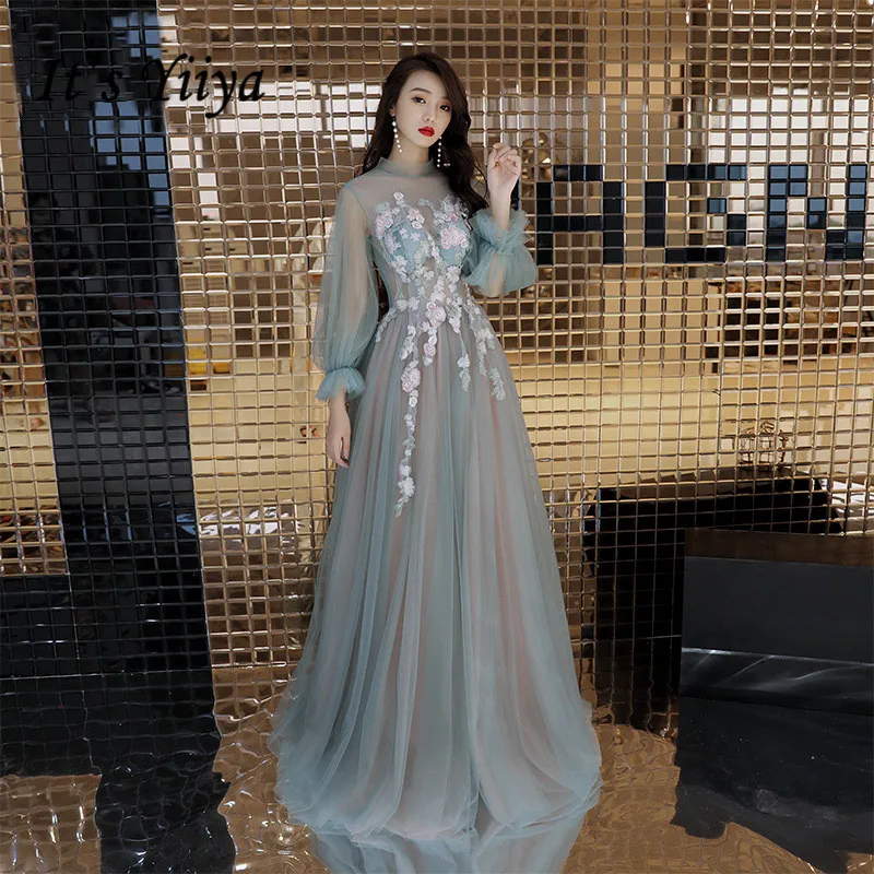 Это YiiYa вечернее платье специальные аппликации Иллюзия Цветы Формальные платья сзади на шнуровке лук фонарь рукав длинное вечернее платье E084