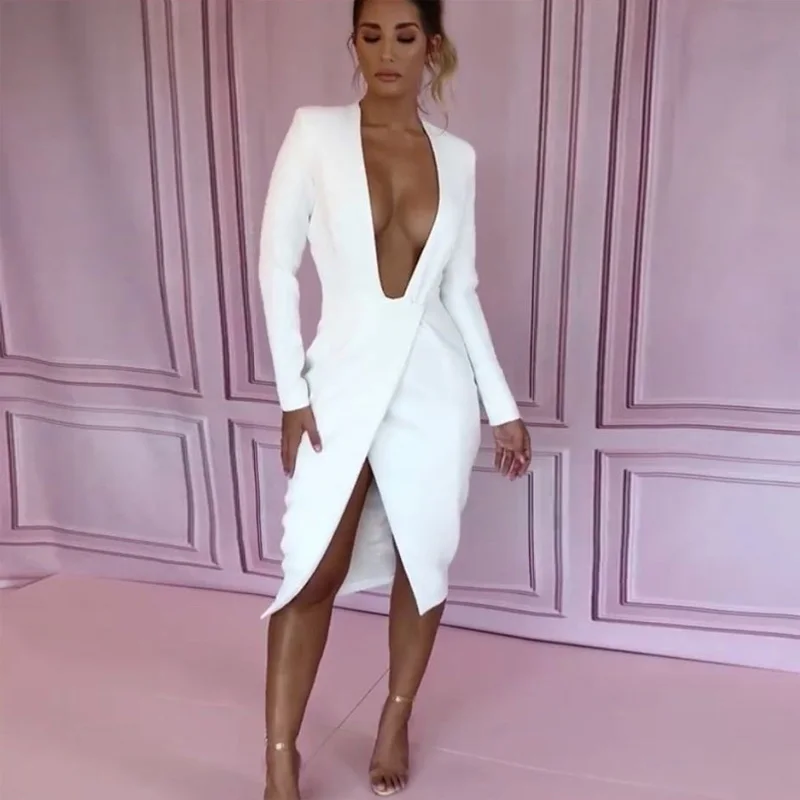 

Summer Sexy Deep V Neck Women Dress Newest Fashion Long Sleeve High Split Elegant White Celebrity Night Party Dress Wholesale