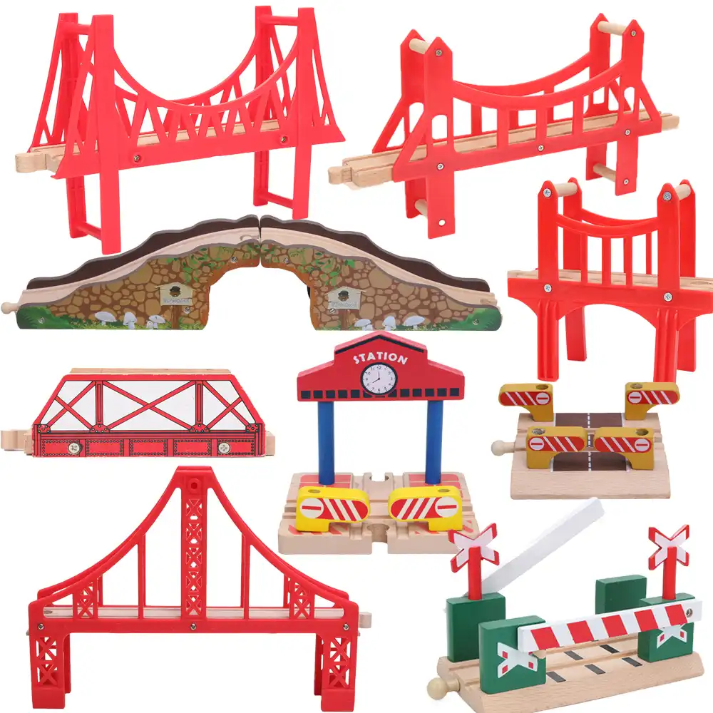 wooden train set with bridge