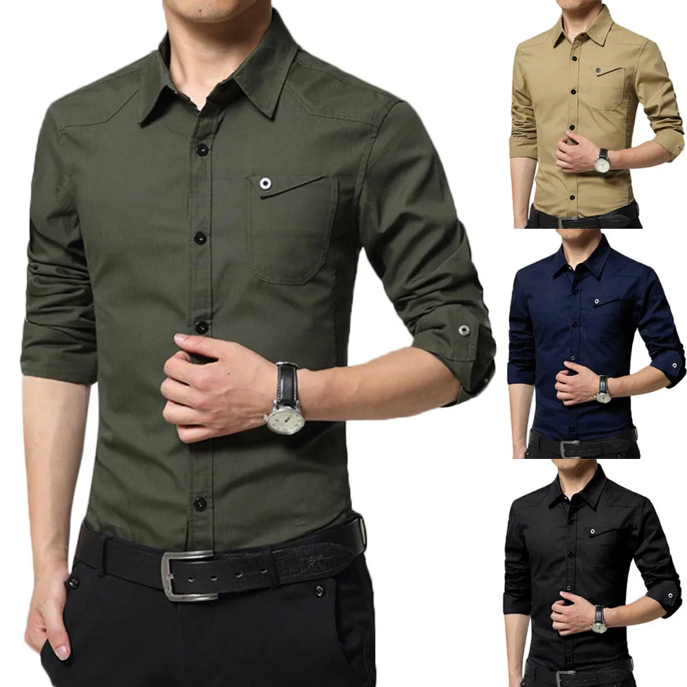 Модный дизайн, высокое качество, Мужская Осенняя Повседневная рубашка в стиле милитари, тонкая рубашка с длинным рукавом на пуговицах, топ, блуза, рубашка с длинным рукавом