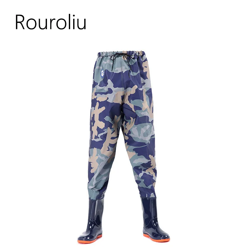 

Rouroliu Men Outdoor Waterproof Fishing Hunting Water Pants Winter Elastic Waist Rain Pants Safety Work Boots RT396