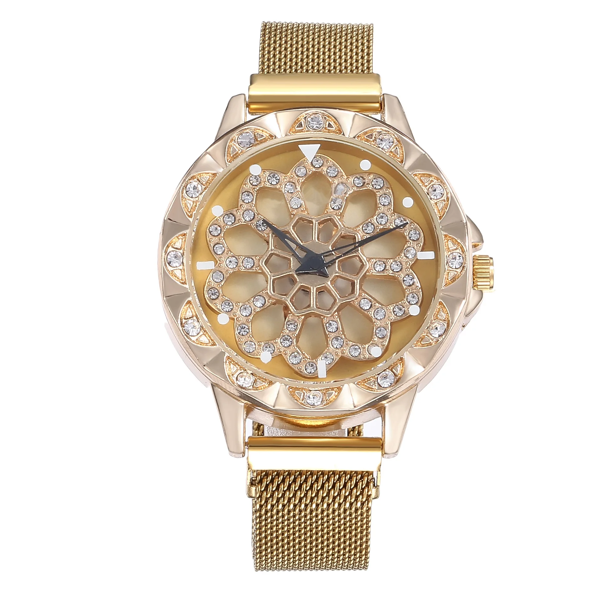 Женские кварцевые часы с поворотом на 360 градусов, стразы, нержавеющая сталь, сетчатый ремешок, наручные часы, модные роскошные часы с магнитной пряжкой - Цвет: Золотой