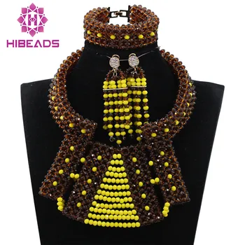 

Fabulous Chocolate Brown and Yellow Bib Statement Crystal Jewelry Set Nigerian Wedding Beads Jewelry Set QW1062