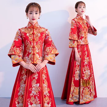 

Red Overseas Chinese Women Wedding Dress Royal Floor Length Qipao Suzhou Embroidery Ladies Rhinestone Oriental Cheongsam Suit
