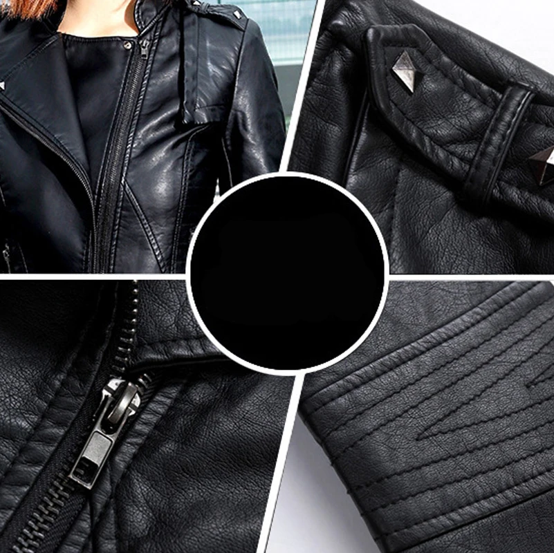 Motocycle Autumn Women Jacket Faux Leather Solid Black Slim Ladies Outwear Coat Short