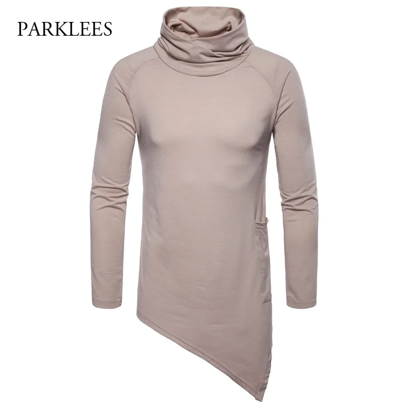 Longline T Shirt Men 2018 Stylish Slim Fit Long Sleeve Pocket Tee Shirts Homme Solid Color