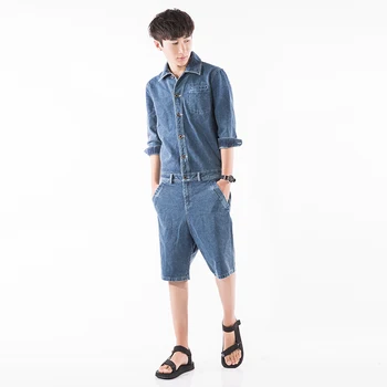 

2018 New Summer Cowboy Cropped Sleeve Shirt Onesies Haren Connected Jeans Suit Onesies
