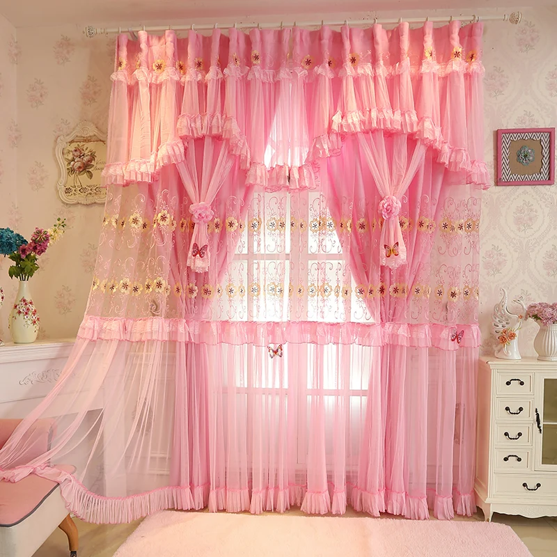 Customize Wedding Curtains Pink Lace Flowers Embroidered Double Layer