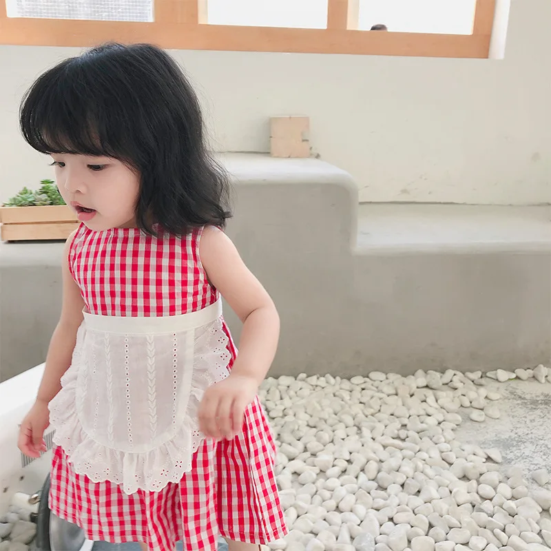Новинка лета 2019 хлопковое клетчатое платье принцессы без рукавов в Корейском