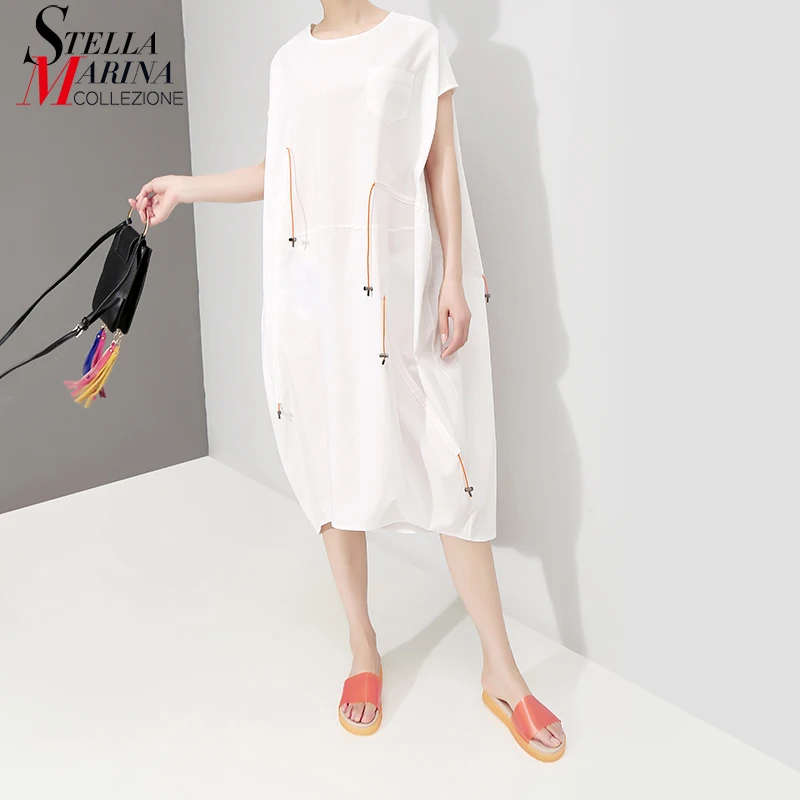 

New 2019 Korean Style Women White Summer Casual Sun Dress Strings Sleeveless Sundress Lady Plus Size Loose Midi Dress Robe 5179