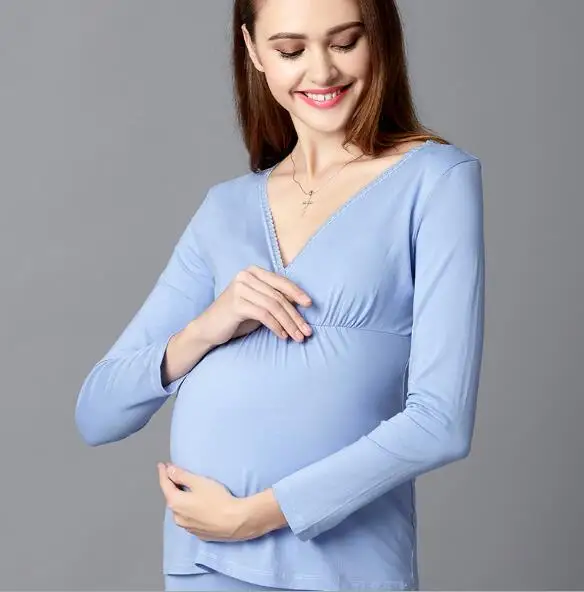 blue one piece Fdfklak модель хлопковая одежда для беременных Повседневная Женская одежда для сна топы пуловер для беременных рукав одежда для кормящих ночное белье - Цвет: blue one piece