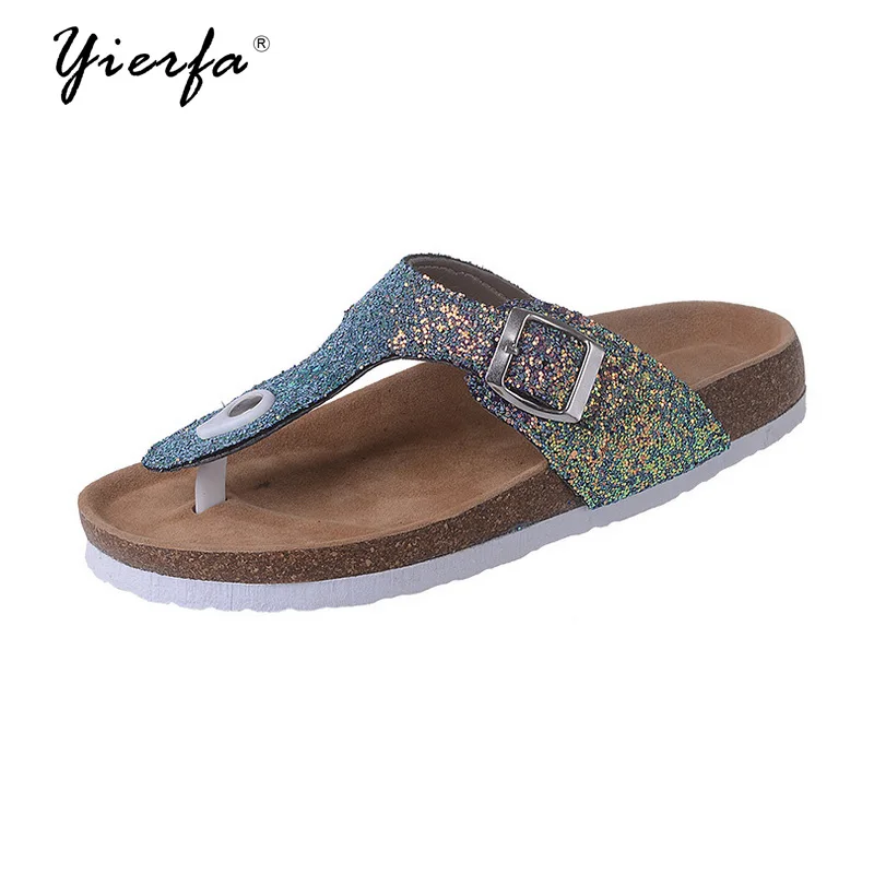 

2018 summer new style sandals and slippers women's flip flops cork boken sequin slippers beach non-slip clip feet