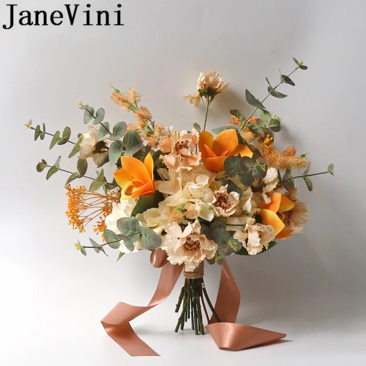 

JaneVini 2019 Orange Wedding Bouquets for Bridesmaids Cymbidium Eucalyptus Bridal Silk Flower Bouquet Champagne Fleur Mariage