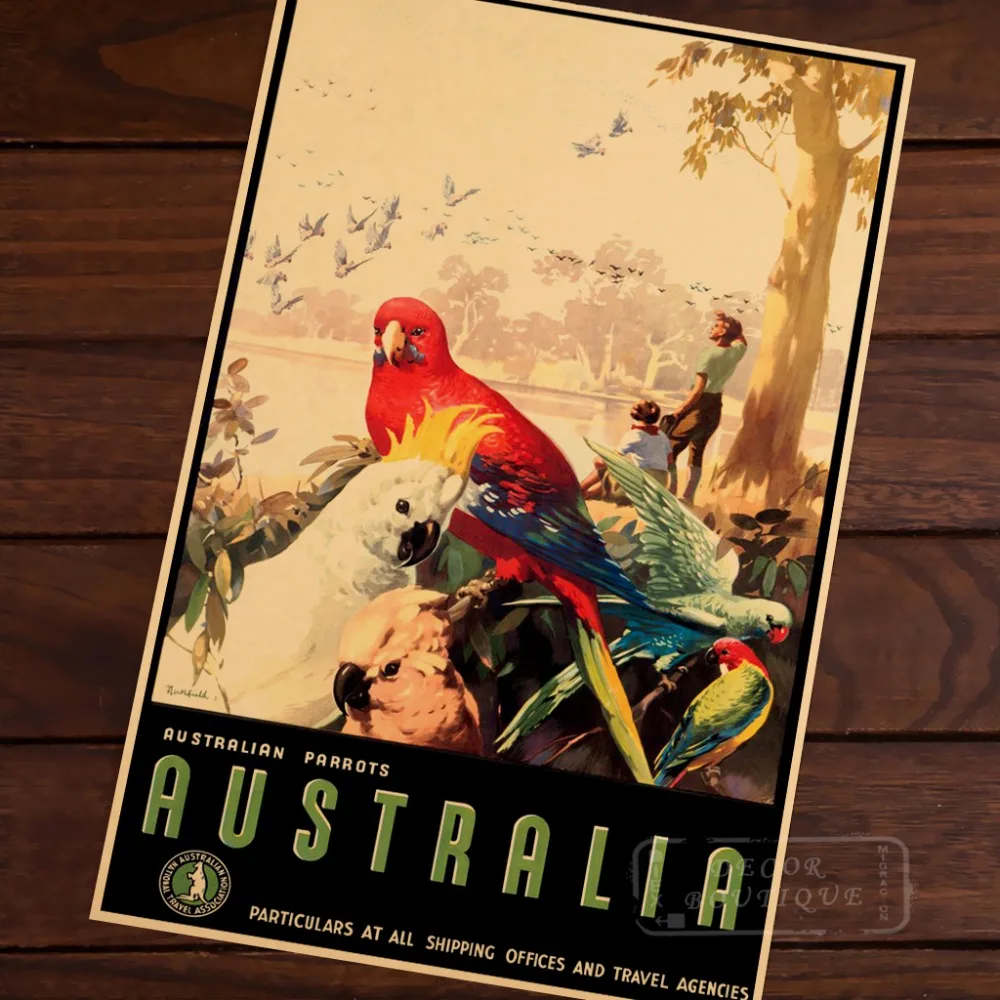 

Pop Australia Parrot Map Vintage Travel Poster Classic Retro Kraft Decorative Maps Wall Canvas Sticker Home Bar Posters DIY Deco