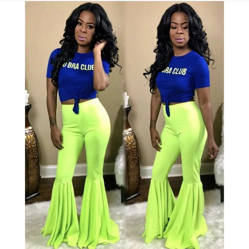 

Neon Green High Waist Flare Pants Beach Trousers Ladies Fashion Elastic Slim Pants Wide Leg Vintage Tunic Female Autumn Clothing