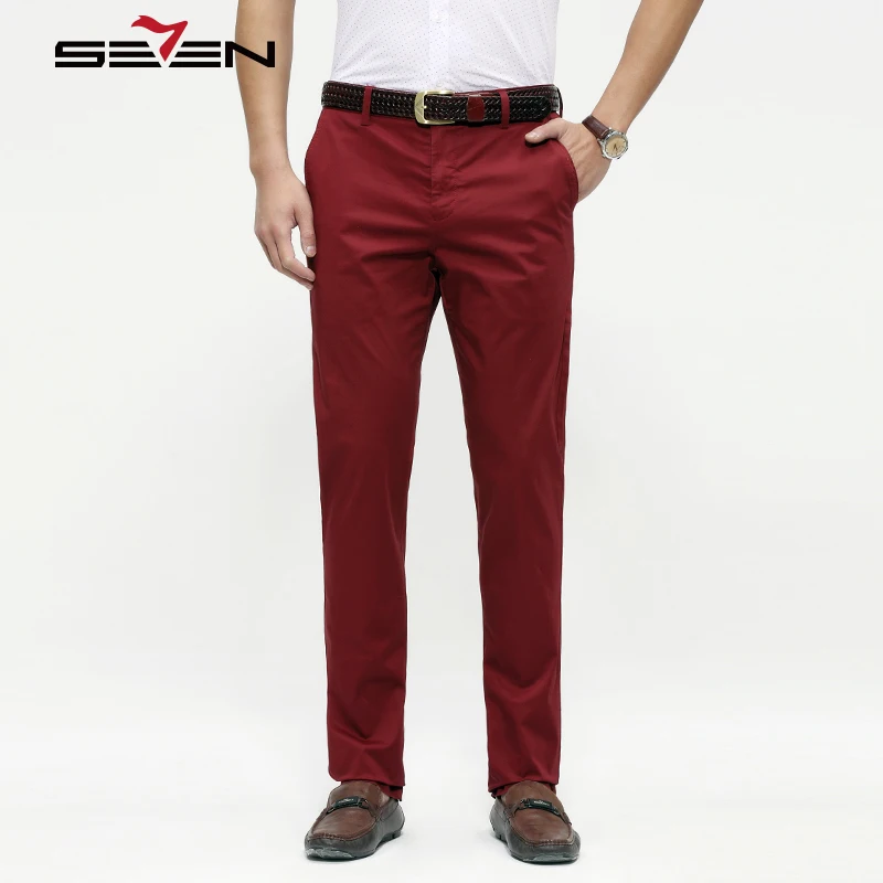 Seven7 Top Brand Casual Pants Men Regular Fit Red Color Classic