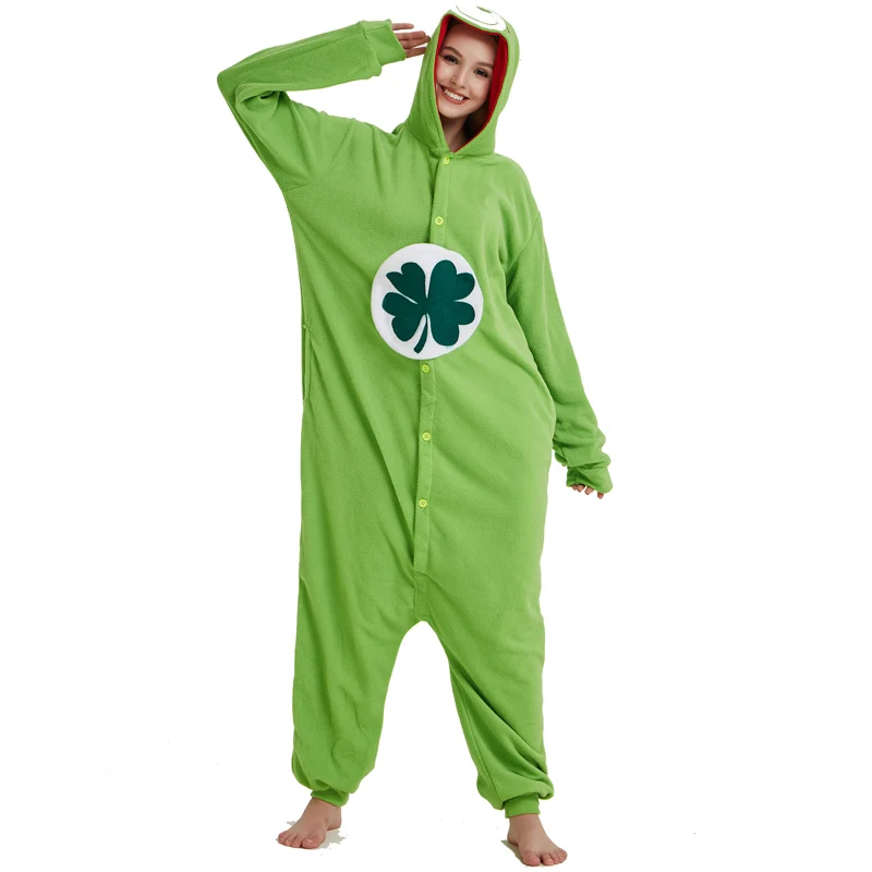 Green Four-leaf Clover Lucky Care Bear Cosplay Pajamas Adult Women Men Unisex Onesie One Piece Hooded Romper Party Costumes (5)